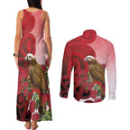 New Zealand Parrot Kaka Couples Matching Tank Maxi Dress and Long Sleeve Button Shirt Maori Koru With Pohutukawa Flowers - Aussie Hoodie