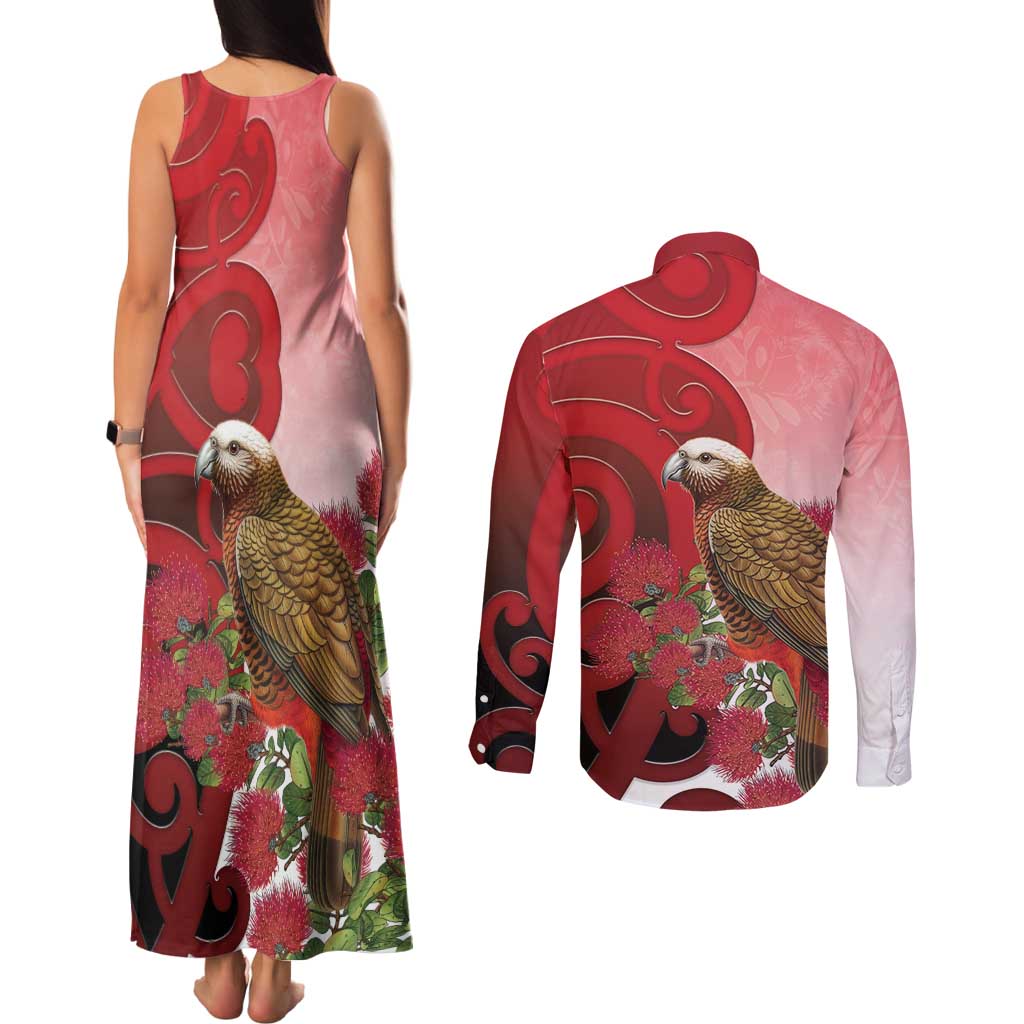 New Zealand Parrot Kaka Couples Matching Tank Maxi Dress and Long Sleeve Button Shirt Maori Koru With Pohutukawa Flowers - Aussie Hoodie