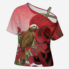 New Zealand Parrot Kaka Cross Shoulder Shirt Maori Koru With Pohutukawa Flowers - Aussie Hoodie