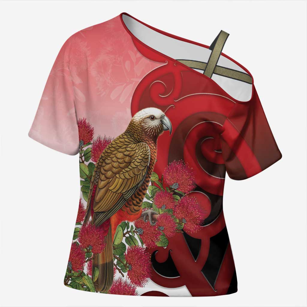 New Zealand Parrot Kaka Cross Shoulder Shirt Maori Koru With Pohutukawa Flowers - Aussie Hoodie