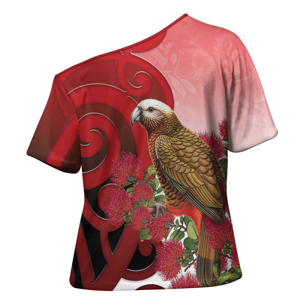 New Zealand Parrot Kaka Cross Shoulder Shirt Maori Koru With Pohutukawa Flowers - Aussie Hoodie