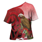 New Zealand Parrot Kaka Cross Shoulder Shirt Maori Koru With Pohutukawa Flowers - Aussie Hoodie