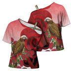 New Zealand Parrot Kaka Cross Shoulder Shirt Maori Koru With Pohutukawa Flowers - Aussie Hoodie