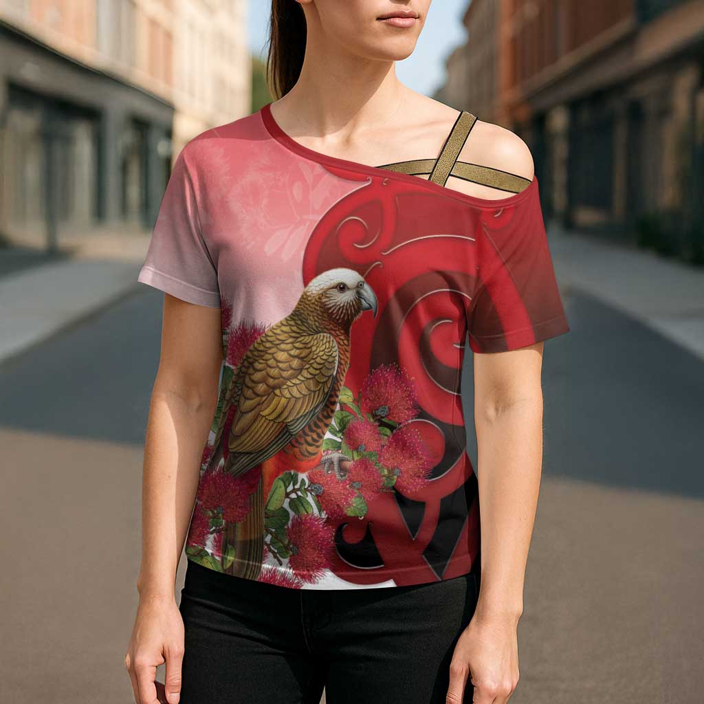 New Zealand Parrot Kaka Cross Shoulder Shirt Maori Koru With Pohutukawa Flowers - Aussie Hoodie