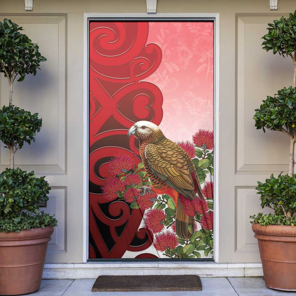 New Zealand Parrot Kaka Door Cover Maori Koru With Pohutukawa Flowers - Aussie Hoodie