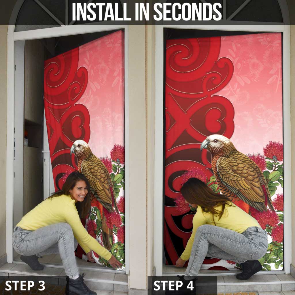 New Zealand Parrot Kaka Door Cover Maori Koru With Pohutukawa Flowers - Aussie Hoodie