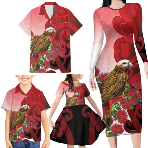 New Zealand Parrot Kaka Family Matching Long Sleeve Bodycon Dress and Hawaiian Shirt Maori Koru With Pohutukawa Flowers - Aussie Hoodie