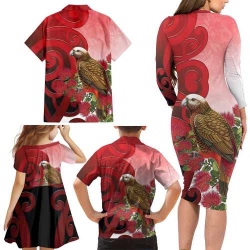 New Zealand Parrot Kaka Family Matching Long Sleeve Bodycon Dress and Hawaiian Shirt Maori Koru With Pohutukawa Flowers - Aussie Hoodie