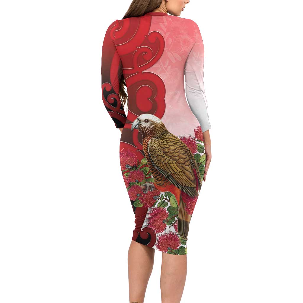 New Zealand Parrot Kaka Family Matching Long Sleeve Bodycon Dress and Hawaiian Shirt Maori Koru With Pohutukawa Flowers - Aussie Hoodie