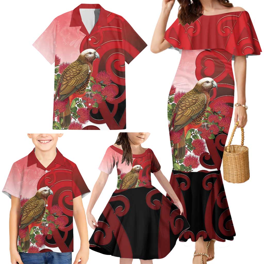 New Zealand Parrot Kaka Family Matching Mermaid Dress and Hawaiian Shirt Maori Koru With Pohutukawa Flowers - Aussie Hoodie