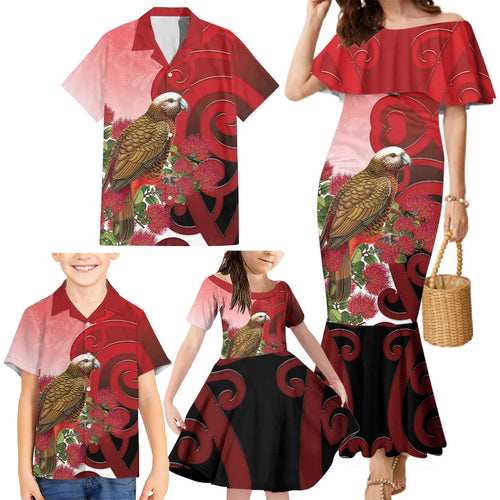 New Zealand Parrot Kaka Family Matching Mermaid Dress and Hawaiian Shirt Maori Koru With Pohutukawa Flowers - Aussie Hoodie