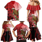 New Zealand Parrot Kaka Family Matching Mermaid Dress and Hawaiian Shirt Maori Koru With Pohutukawa Flowers - Aussie Hoodie
