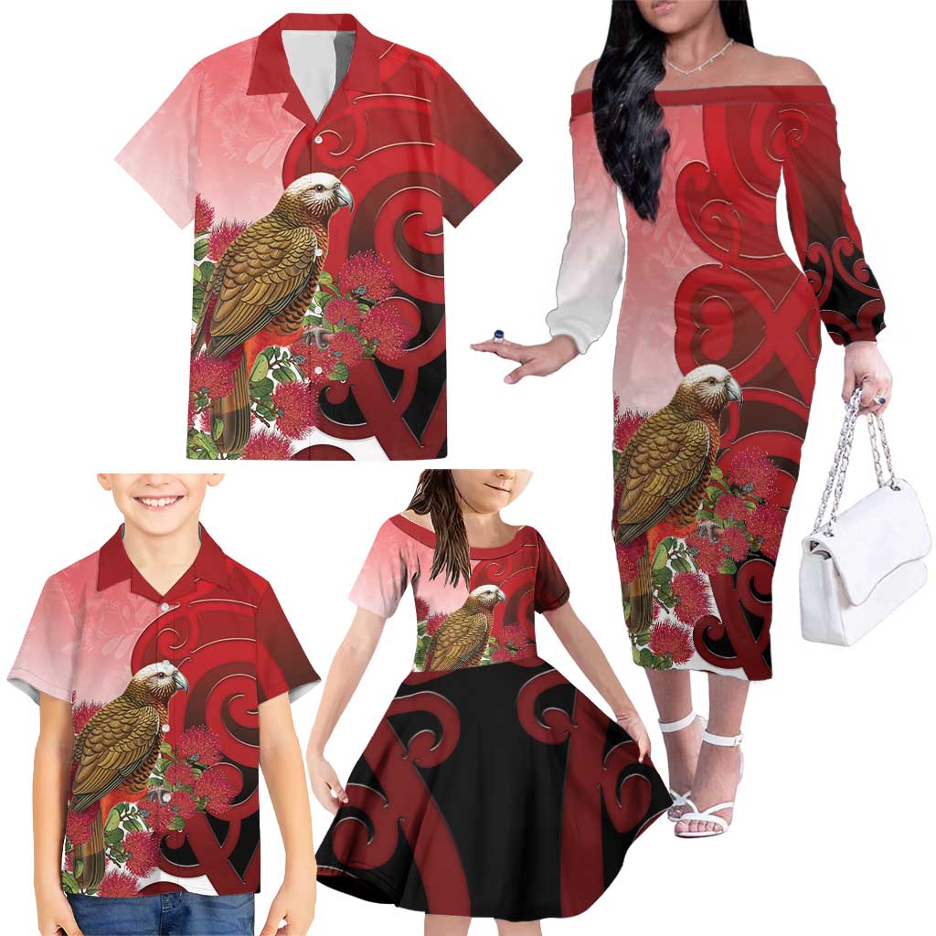 New Zealand Parrot Kaka Family Matching Off The Shoulder Long Sleeve Dress and Hawaiian Shirt Maori Koru With Pohutukawa Flowers - Aussie Hoodie