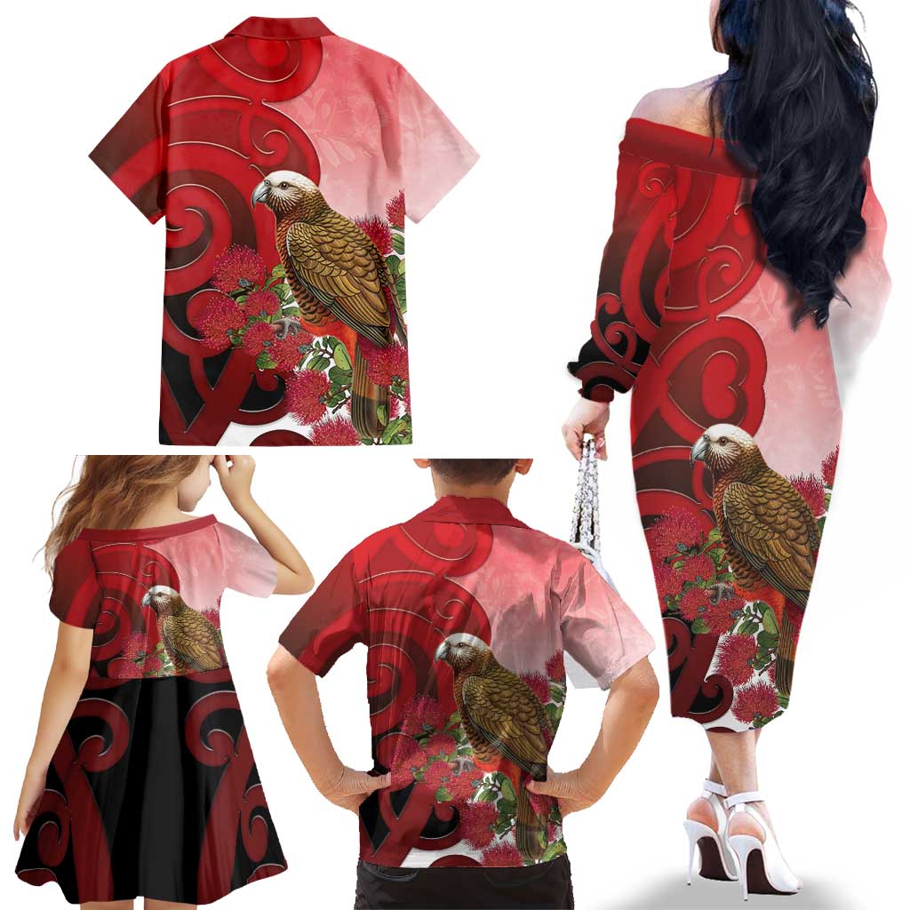 New Zealand Parrot Kaka Family Matching Off The Shoulder Long Sleeve Dress and Hawaiian Shirt Maori Koru With Pohutukawa Flowers - Aussie Hoodie