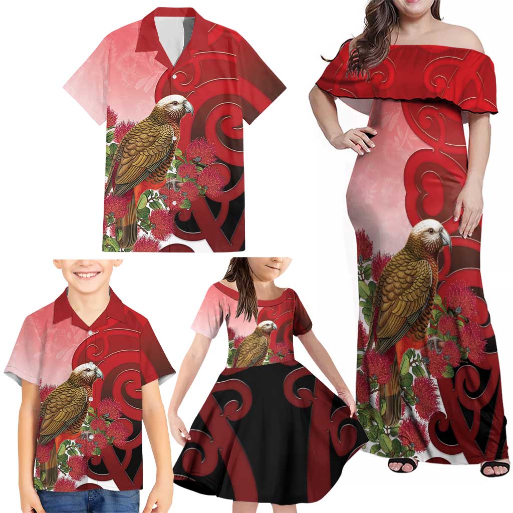 New Zealand Parrot Kaka Family Matching Off Shoulder Maxi Dress and Hawaiian Shirt Maori Koru With Pohutukawa Flowers - Aussie Hoodie