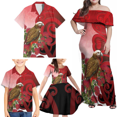 New Zealand Parrot Kaka Family Matching Off Shoulder Maxi Dress and Hawaiian Shirt Maori Koru With Pohutukawa Flowers - Aussie Hoodie