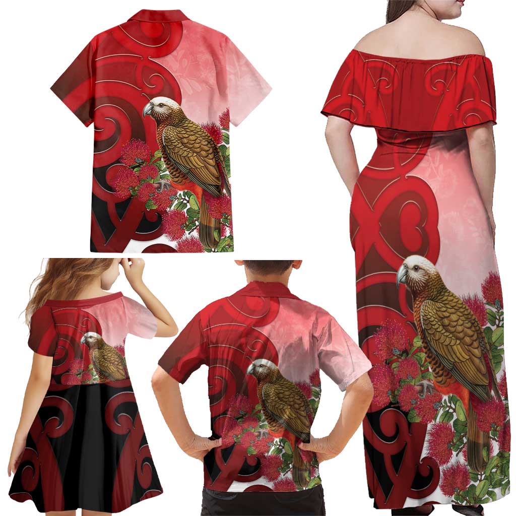 New Zealand Parrot Kaka Family Matching Off Shoulder Maxi Dress and Hawaiian Shirt Maori Koru With Pohutukawa Flowers - Aussie Hoodie