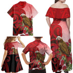 New Zealand Parrot Kaka Family Matching Off Shoulder Maxi Dress and Hawaiian Shirt Maori Koru With Pohutukawa Flowers - Aussie Hoodie