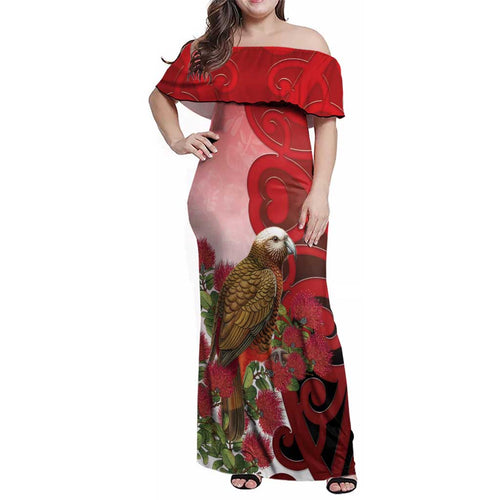 New Zealand Parrot Kaka Family Matching Off Shoulder Maxi Dress and Hawaiian Shirt Maori Koru With Pohutukawa Flowers - Aussie Hoodie