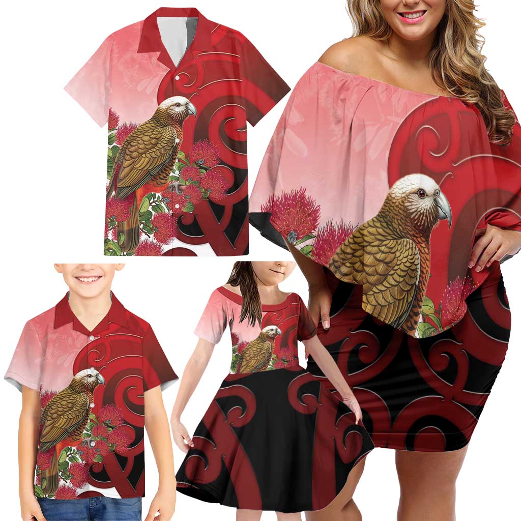 New Zealand Parrot Kaka Family Matching Off Shoulder Short Dress and Hawaiian Shirt Maori Koru With Pohutukawa Flowers - Aussie Hoodie