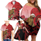 New Zealand Parrot Kaka Family Matching Off Shoulder Short Dress and Hawaiian Shirt Maori Koru With Pohutukawa Flowers - Aussie Hoodie