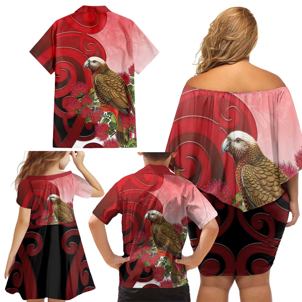 New Zealand Parrot Kaka Family Matching Off Shoulder Short Dress and Hawaiian Shirt Maori Koru With Pohutukawa Flowers - Aussie Hoodie