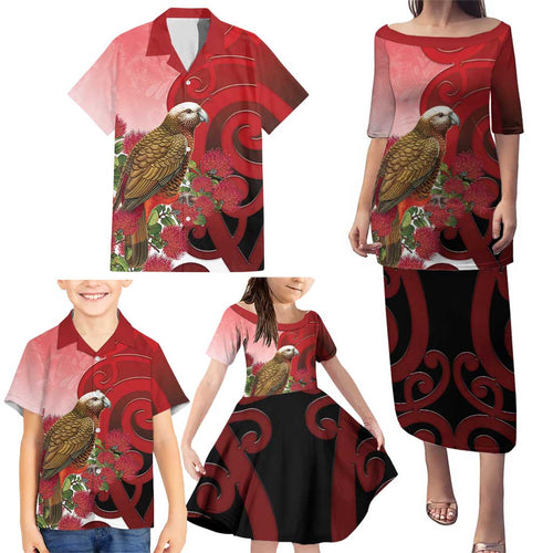 New Zealand Parrot Kaka Family Matching Puletasi and Hawaiian Shirt Maori Koru With Pohutukawa Flowers - Aussie Hoodie