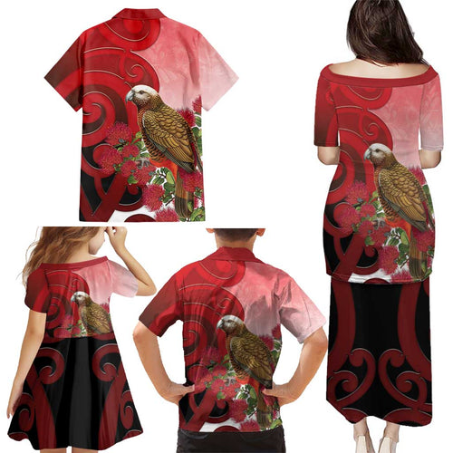 New Zealand Parrot Kaka Family Matching Puletasi and Hawaiian Shirt Maori Koru With Pohutukawa Flowers - Aussie Hoodie
