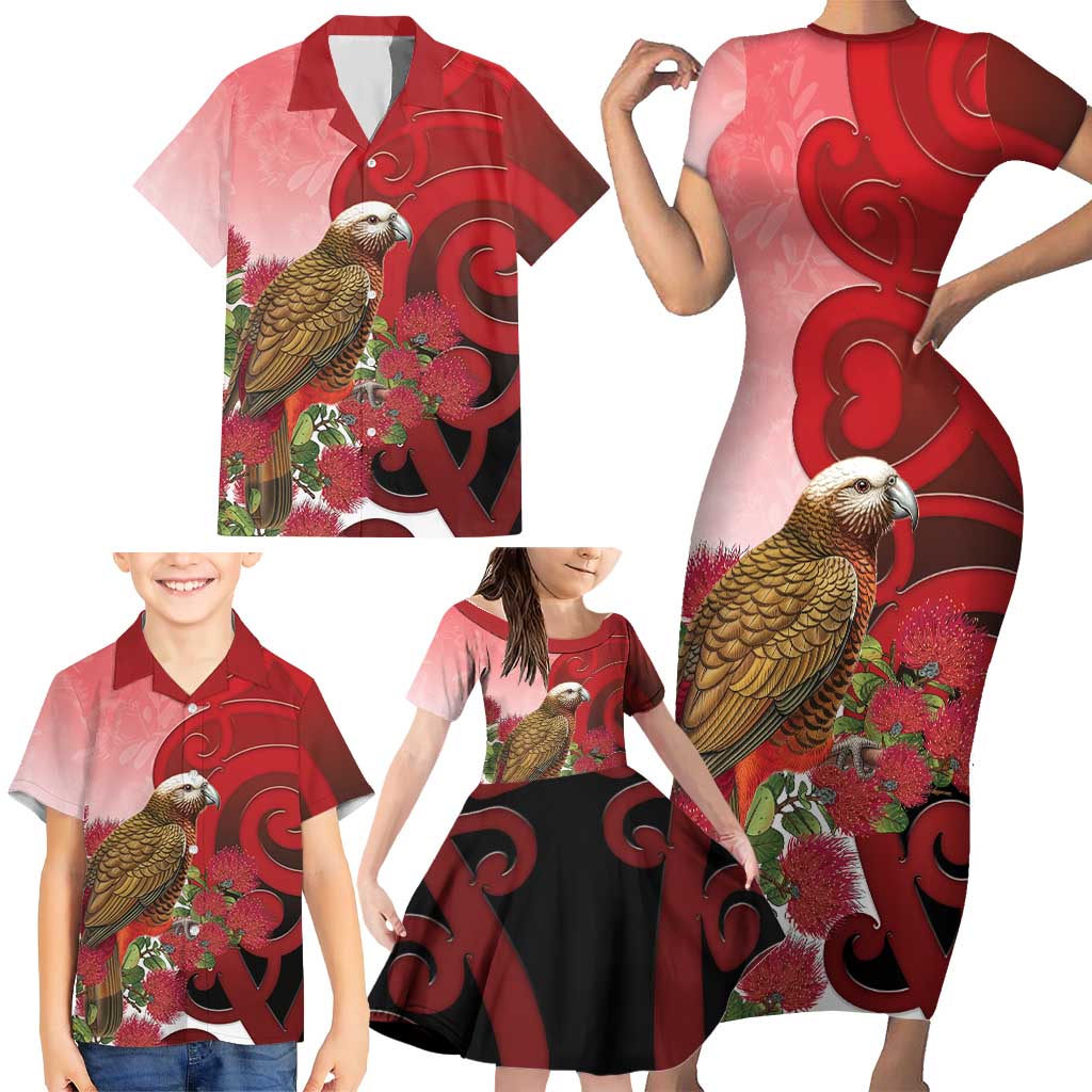 New Zealand Parrot Kaka Family Matching Short Sleeve Bodycon Dress and Hawaiian Shirt Maori Koru With Pohutukawa Flowers - Aussie Hoodie