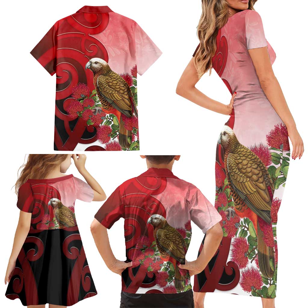 New Zealand Parrot Kaka Family Matching Short Sleeve Bodycon Dress and Hawaiian Shirt Maori Koru With Pohutukawa Flowers - Aussie Hoodie