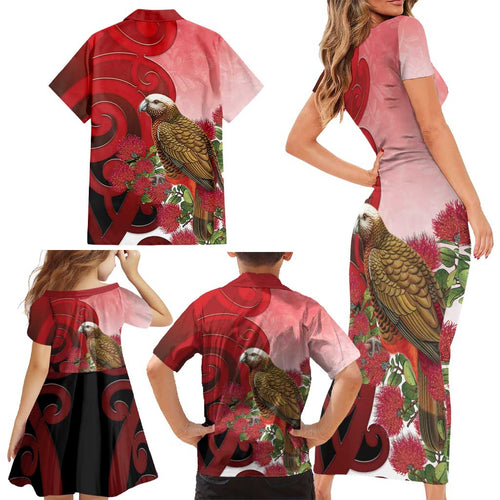 New Zealand Parrot Kaka Family Matching Short Sleeve Bodycon Dress and Hawaiian Shirt Maori Koru With Pohutukawa Flowers - Aussie Hoodie