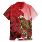 New Zealand Parrot Kaka Family Matching Short Sleeve Bodycon Dress and Hawaiian Shirt Maori Koru With Pohutukawa Flowers - Aussie Hoodie