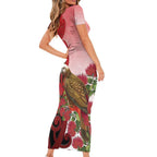 New Zealand Parrot Kaka Family Matching Short Sleeve Bodycon Dress and Hawaiian Shirt Maori Koru With Pohutukawa Flowers - Aussie Hoodie