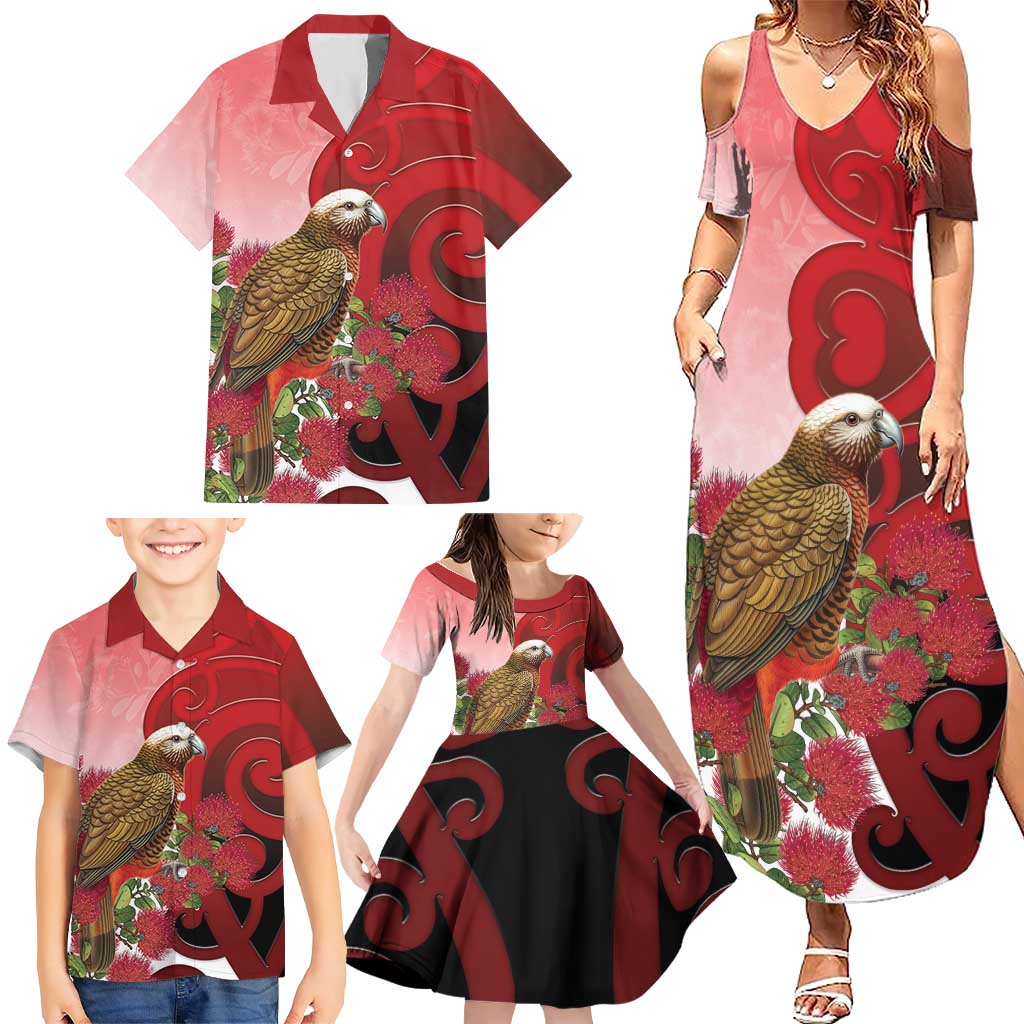 New Zealand Parrot Kaka Family Matching Summer Maxi Dress and Hawaiian Shirt Maori Koru With Pohutukawa Flowers - Aussie Hoodie
