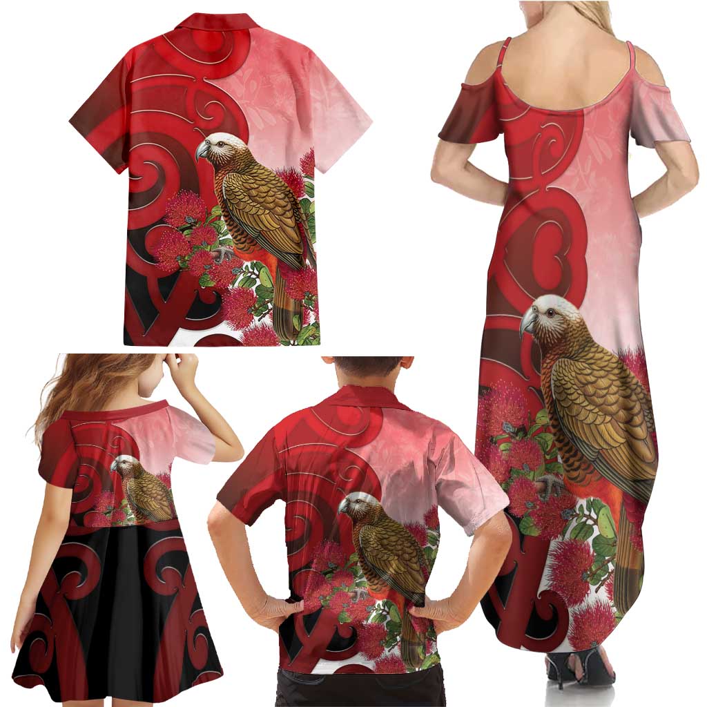 New Zealand Parrot Kaka Family Matching Summer Maxi Dress and Hawaiian Shirt Maori Koru With Pohutukawa Flowers - Aussie Hoodie