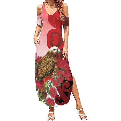 New Zealand Parrot Kaka Family Matching Summer Maxi Dress and Hawaiian Shirt Maori Koru With Pohutukawa Flowers - Aussie Hoodie
