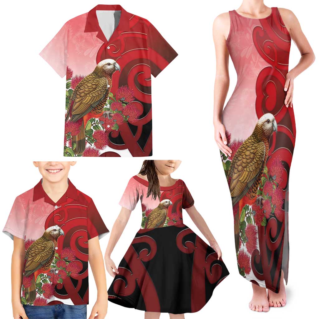 New Zealand Parrot Kaka Family Matching Tank Maxi Dress and Hawaiian Shirt Maori Koru With Pohutukawa Flowers - Aussie Hoodie