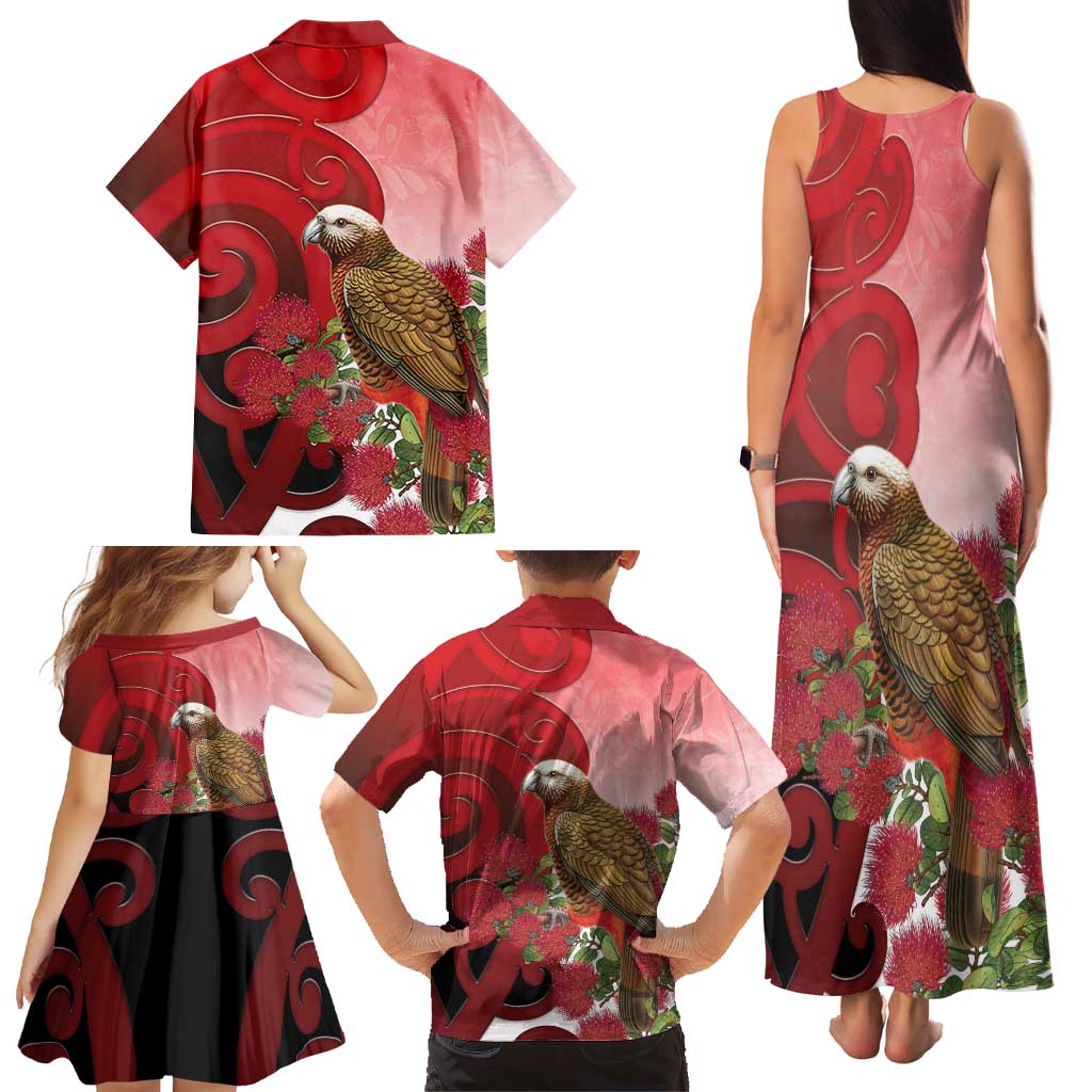 New Zealand Parrot Kaka Family Matching Tank Maxi Dress and Hawaiian Shirt Maori Koru With Pohutukawa Flowers - Aussie Hoodie