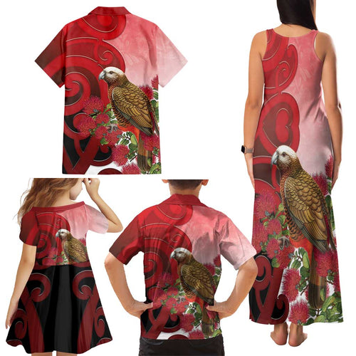 New Zealand Parrot Kaka Family Matching Tank Maxi Dress and Hawaiian Shirt Maori Koru With Pohutukawa Flowers - Aussie Hoodie