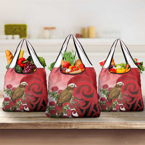 New Zealand Parrot Kaka Grocery Bag Maori Koru With Pohutukawa Flowers - Aussie Hoodie