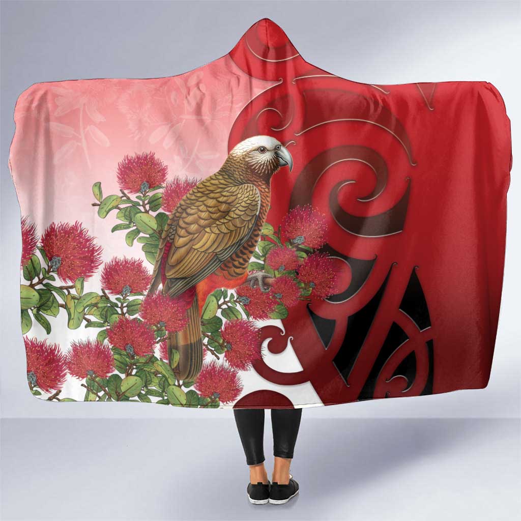 New Zealand Parrot Kaka Hooded Blanket Maori Koru With Pohutukawa Flowers - Aussie Hoodie