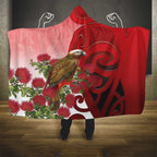 New Zealand Parrot Kaka Hooded Blanket Maori Koru With Pohutukawa Flowers - Aussie Hoodie