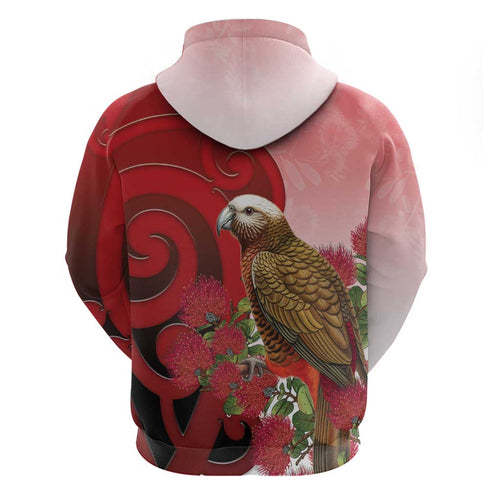 New Zealand Parrot Kaka Hoodie Maori Koru With Pohutukawa Flowers - Aussie Hoodie