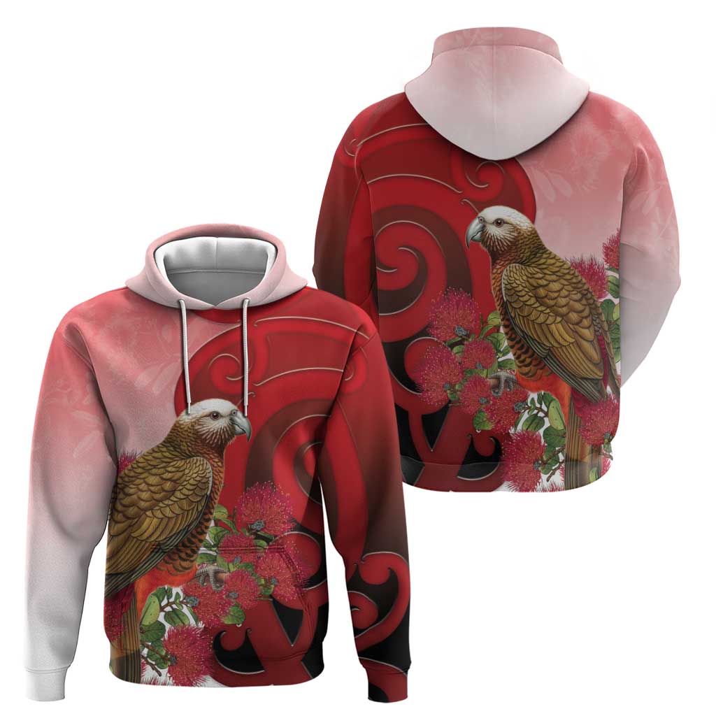 New Zealand Parrot Kaka Hoodie Maori Koru With Pohutukawa Flowers - Aussie Hoodie