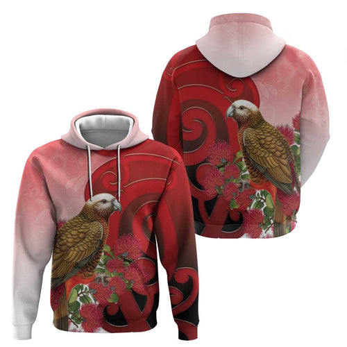 New Zealand Parrot Kaka Hoodie Maori Koru With Pohutukawa Flowers - Aussie Hoodie
