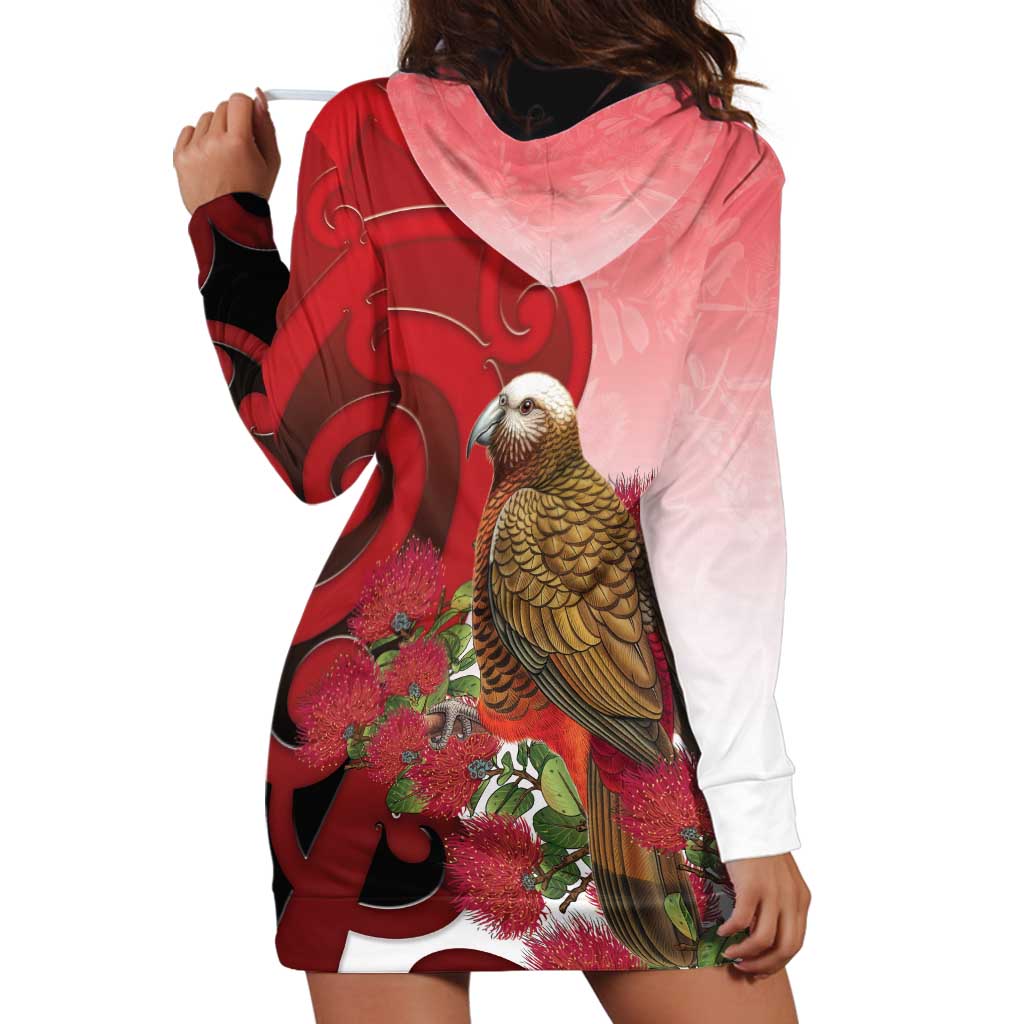 New Zealand Parrot Kaka Hoodie Dress Maori Koru With Pohutukawa Flowers - Aussie Hoodie