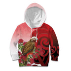 New Zealand Parrot Kaka Kid Hoodie Maori Koru With Pohutukawa Flowers - Aussie Hoodie