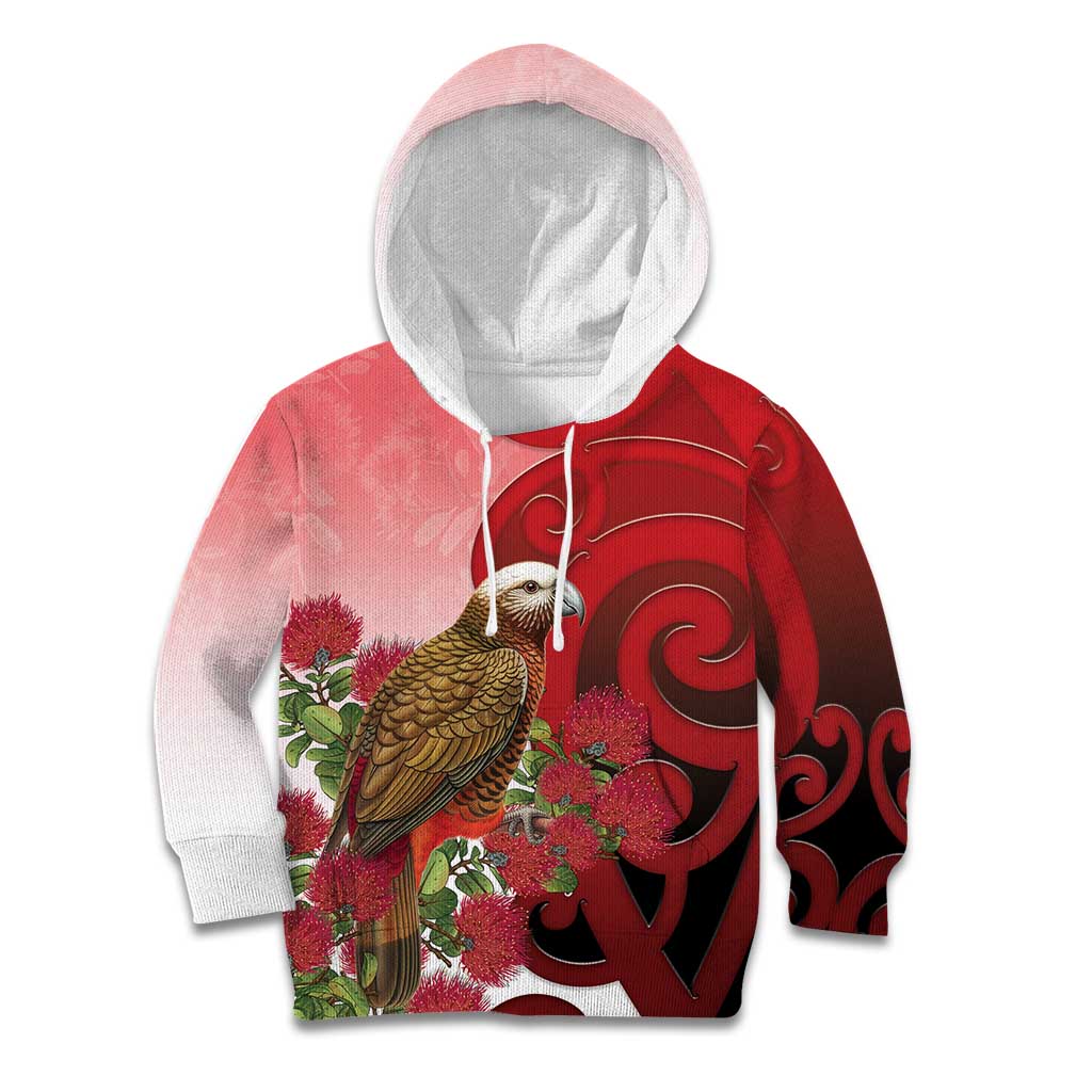 New Zealand Parrot Kaka Kid Hoodie Maori Koru With Pohutukawa Flowers - Aussie Hoodie