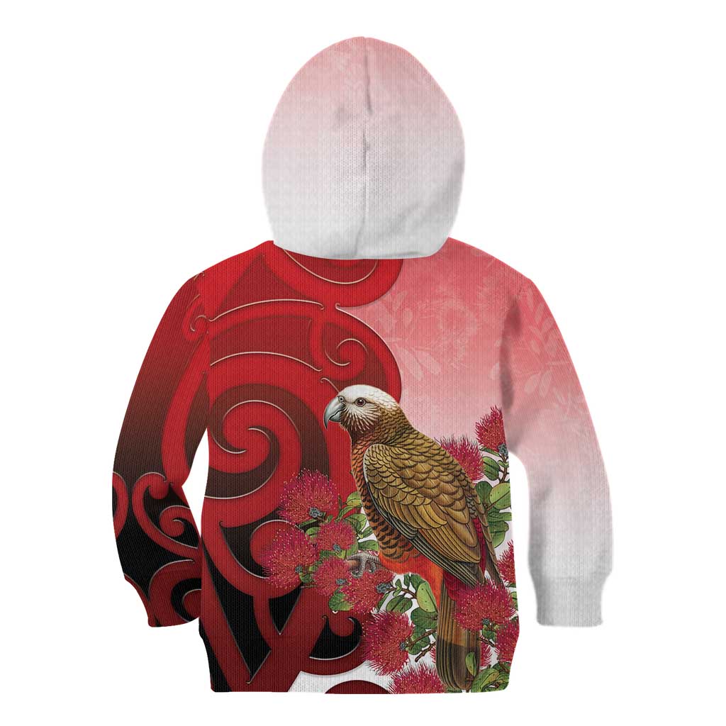 New Zealand Parrot Kaka Kid Hoodie Maori Koru With Pohutukawa Flowers - Aussie Hoodie