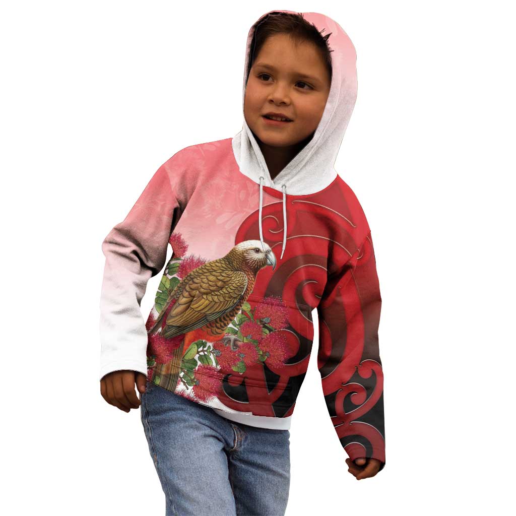 New Zealand Parrot Kaka Kid Hoodie Maori Koru With Pohutukawa Flowers - Aussie Hoodie